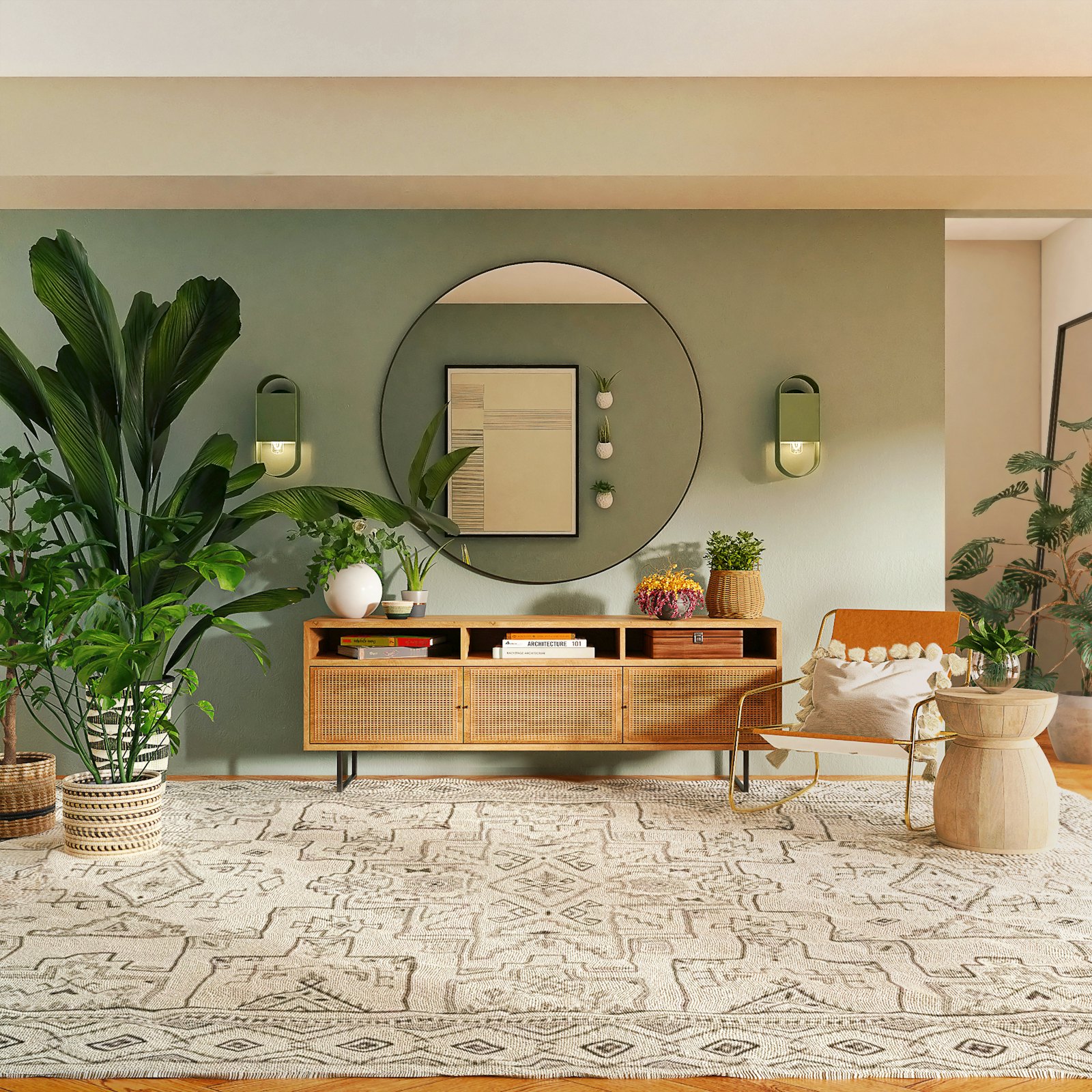 Green-toned living room with large plants, a round mirror and a patterned rug, reflecting the style of Christiane Lemieux