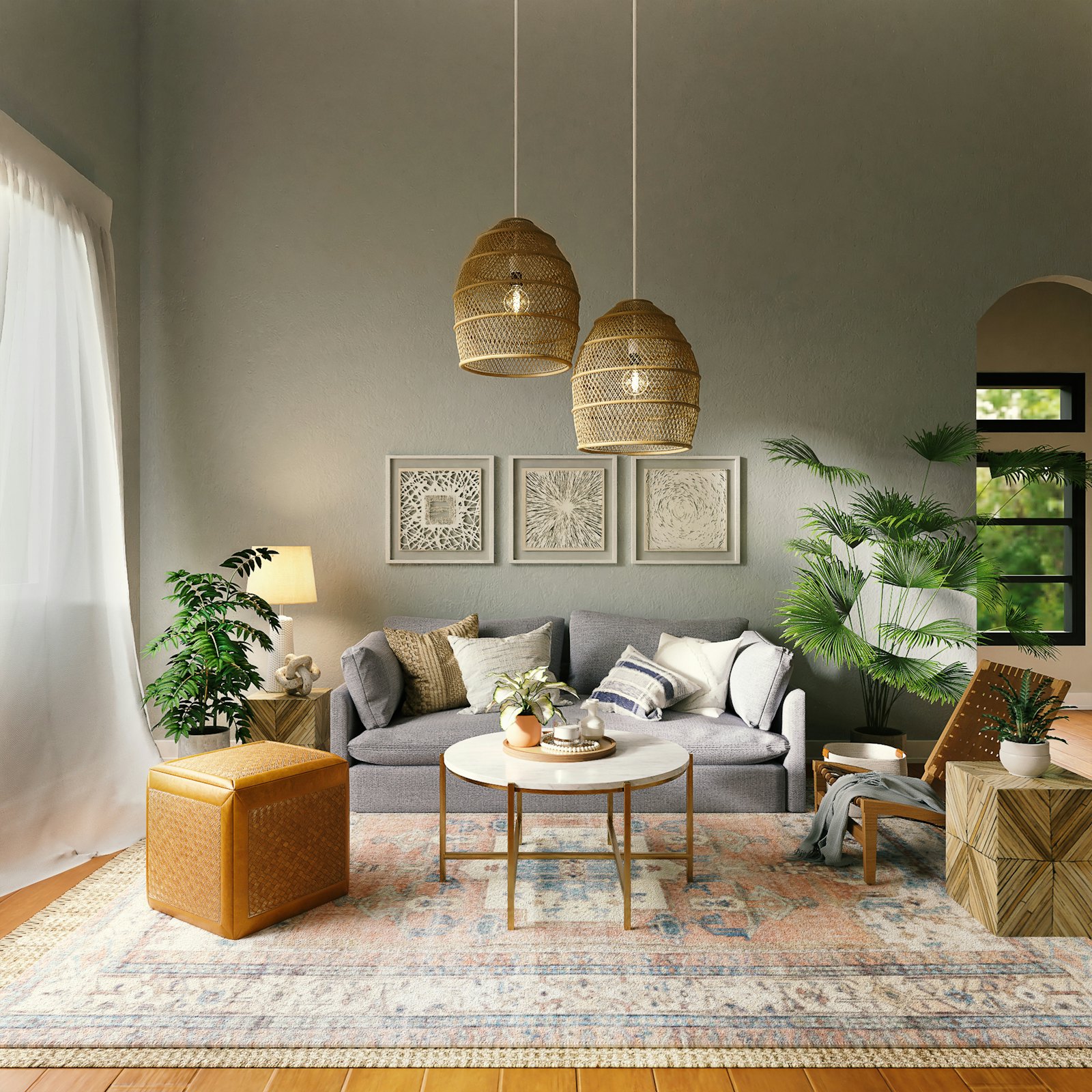 Living room with rattan pendant lights, an ochre pouf and a gallery wall, styled with pieces from our end of sale edit